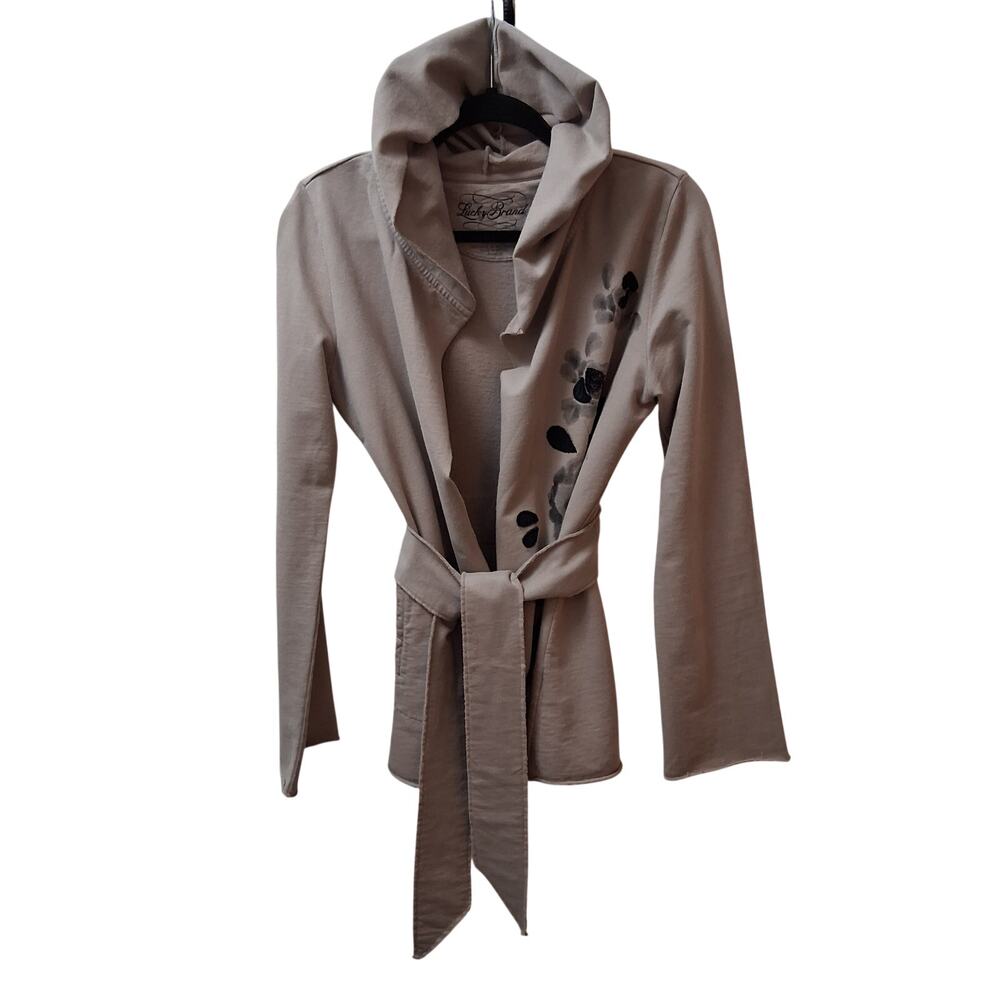 Lucky Brand Women Open Front Hooded Cardigan Raw Edges Long Sleeve Belt Tan-M